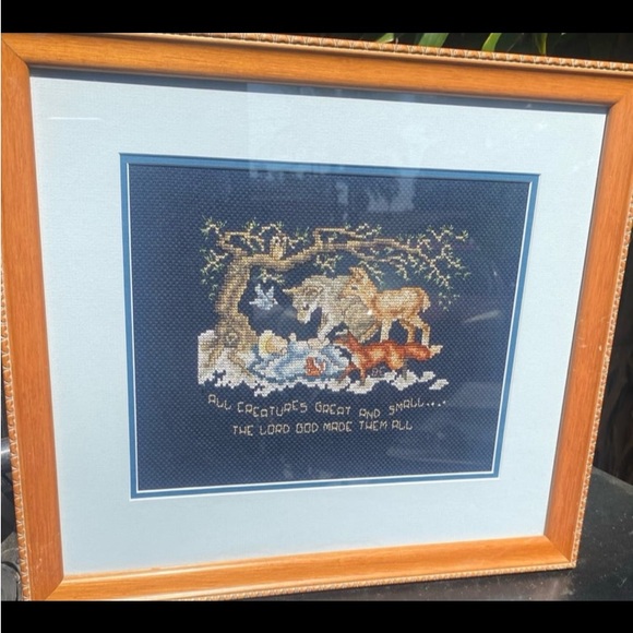 Vintage Cross Stitch Animals Nursery Framed Wall Hanging 16”x14” - Picture 8 of 8